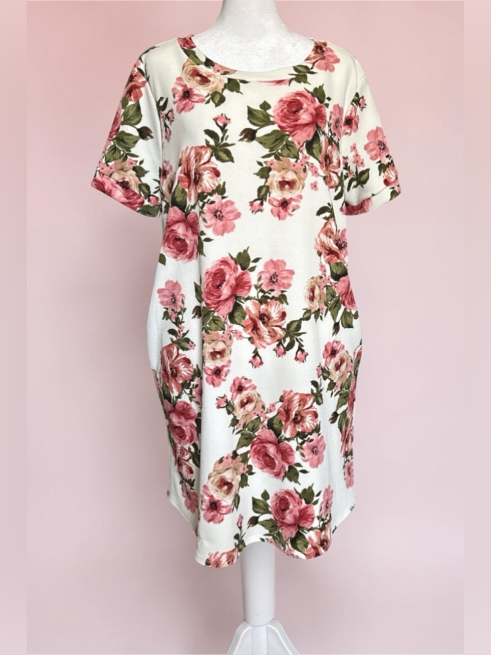 mts White Floral Midi Dress with Pink Rose Print w pockets